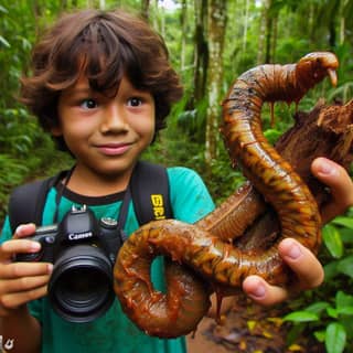 boy holding a camera and a worm