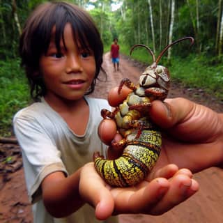 a boy holding a caterpillar in his hand