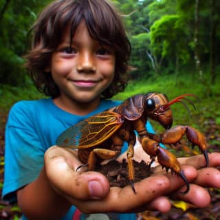 boy holding a large bug in his hands