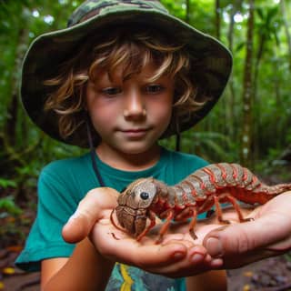 boy holding a small centipede in his hands