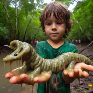 boy holding a toy worm in the jungle