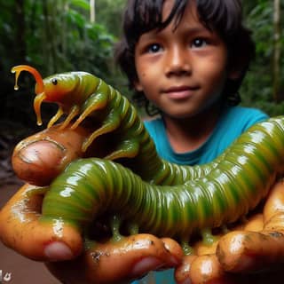 boy holds a green worm in his hands