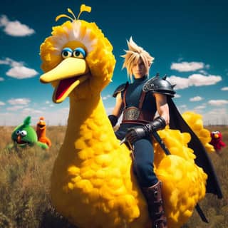 in a costume riding a big bird