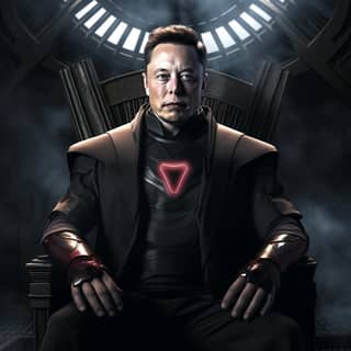 elon musk is sitting on a throne in a dark room