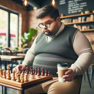 Um homem gordo joga xadrez em uma cafeteria.