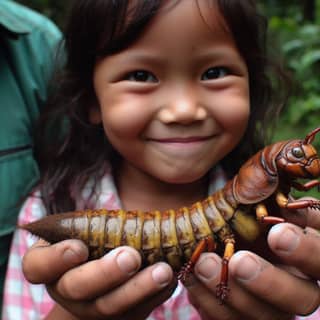 girl holding a centipede in her hands