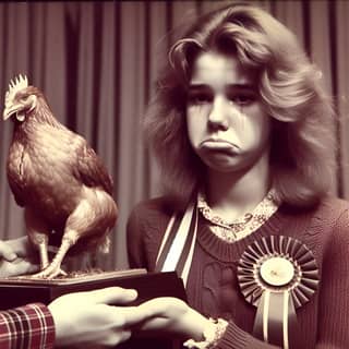 a girl holding a rooster