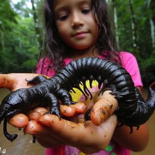 girl holds a giant worm in her hands