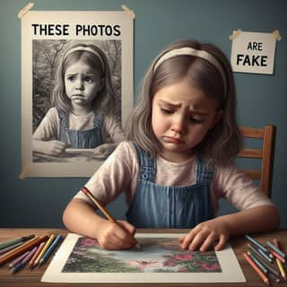 girl is drawing on a piece of paper with a picture of a fake photo