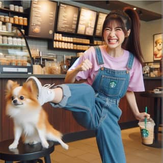 in overalls and a dog in a coffee shop