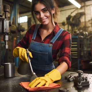 Uma pessoa de macacão está limpando uma máquina.