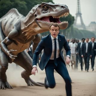 in a suit running next to a dinosaur