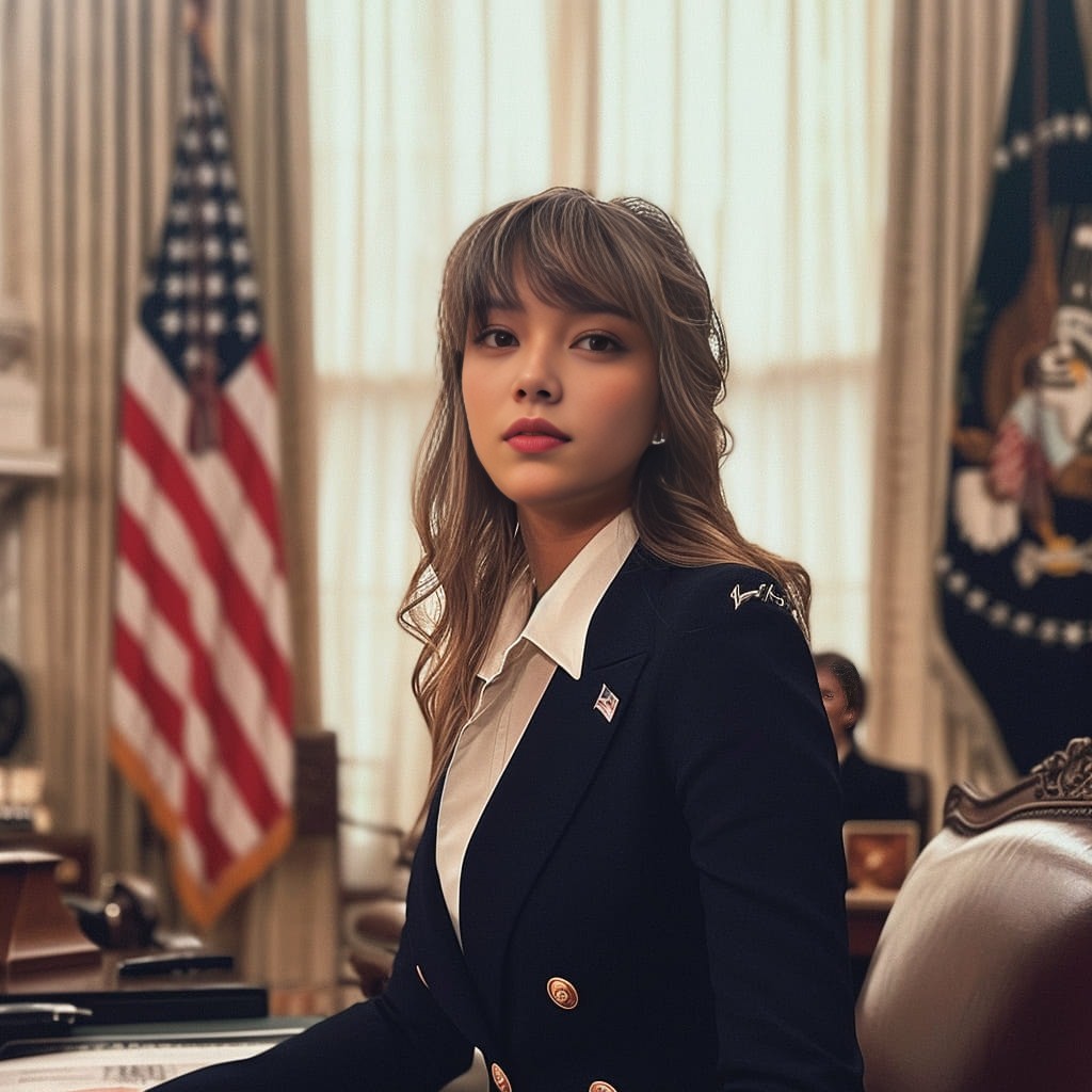 in a suit sitting at a desk in the oval office