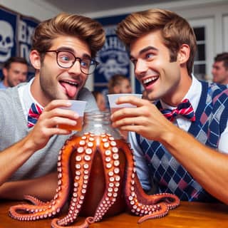 two men in glasses holding up octopus