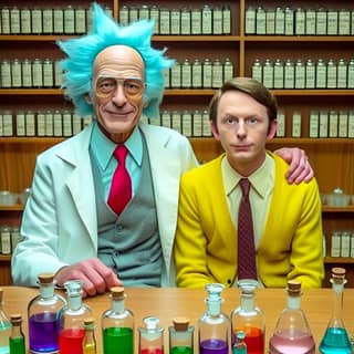 two men in lab coats and glasses pose for a photo