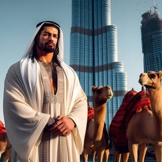 Una persona vestida con un traje árabe parada frente a camellos.