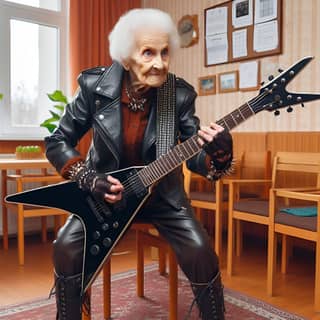 an elderly woman in leather jacket playing an electric guitar