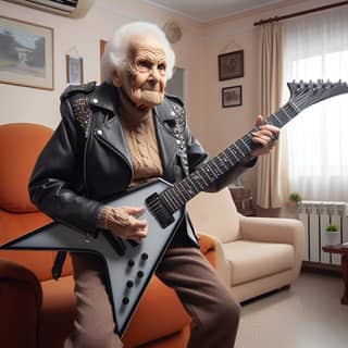 Yaşlı bir kadın elektrikli gitar çalıyor.