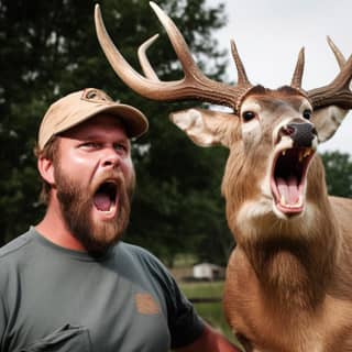 with a beard and a deer in front of him