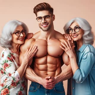 Um homem musculoso com duas mulheres mais velhas.