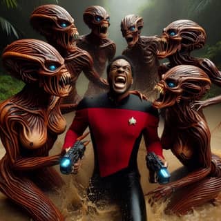 in a red shirt surrounded by alien aliens