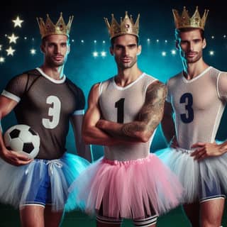 three men in tutus posing with soccer balls