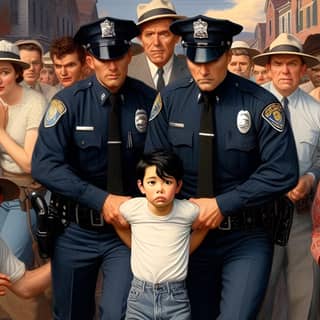 a boy being led by a police officer