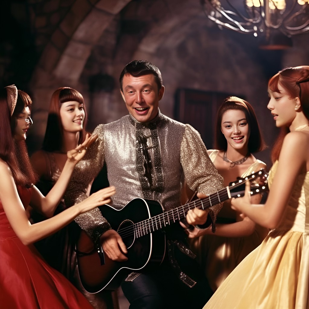 in a dress playing guitar with a group of women