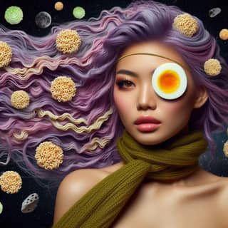 with purple hair and an egg on her head