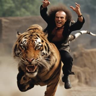 riding on a tiger while wearing a black jacket