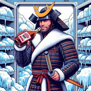 a samurai holding a bottle of beer in front of a freezer