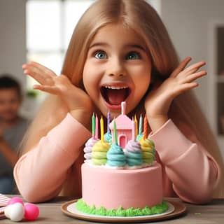 a little girl is holding a birthday cake