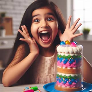 a little girl is holding a cake with colorful sprinkles