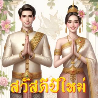 Pasangan pengantin Thailand dihiasi dengan bunga dan emas.