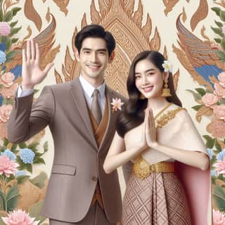 the couple is posing for a photo in front of a floral background