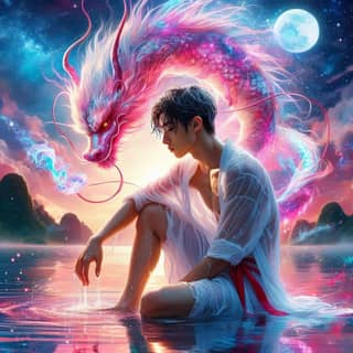 in white robe sitting on the water with a dragon