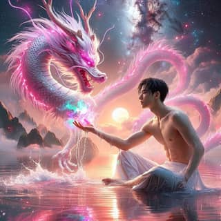 in a white shirt is holding a pink dragon