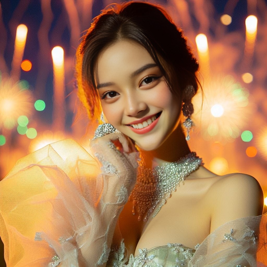 woman in a wedding dress with fireworks behind her