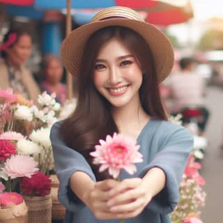 beautiful holding flowers in front of flower shop