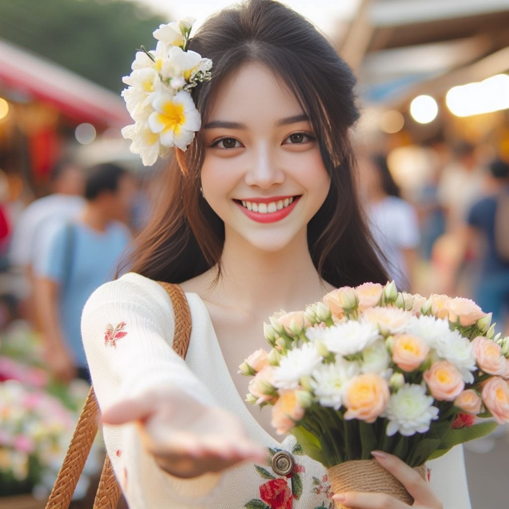 beautiful holding flowers and smiling