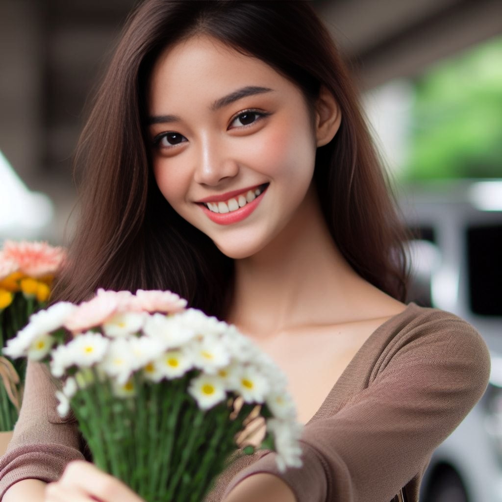 beautiful holding flowers