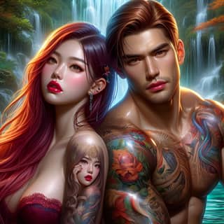 a couple with tattoos and a waterfall