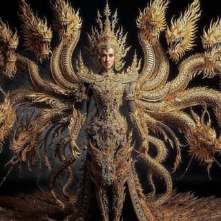 in a gold dress with dragon heads