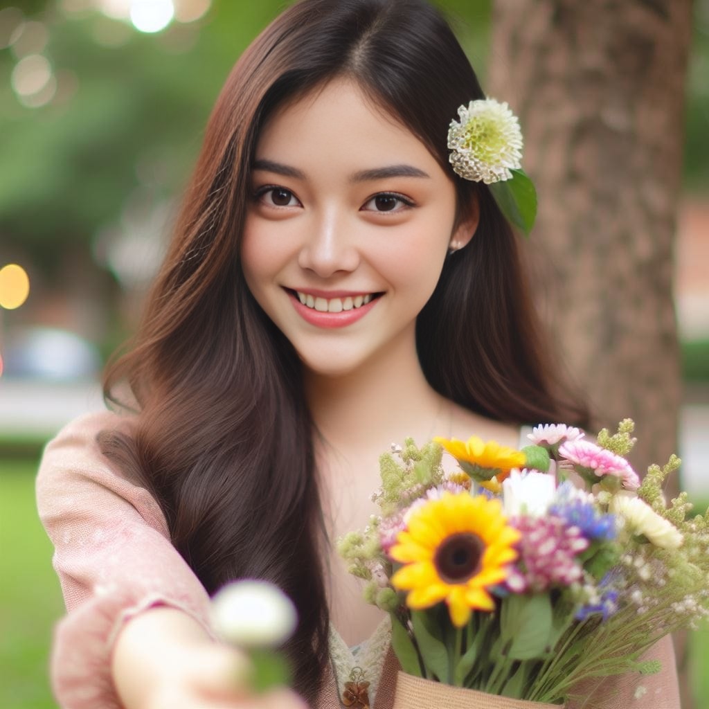 holding flowers and smiling