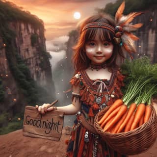 Một cô gái nhỏ cầm một giỏ cà rốt và một tấm biển có chữ good night.