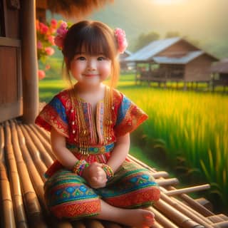 Seorang gadis kecil dengan pakaian tradisional Thailand duduk di bangku bambu.