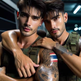 Deux hommes avec des tatouages sur les bras posant pour une photo.