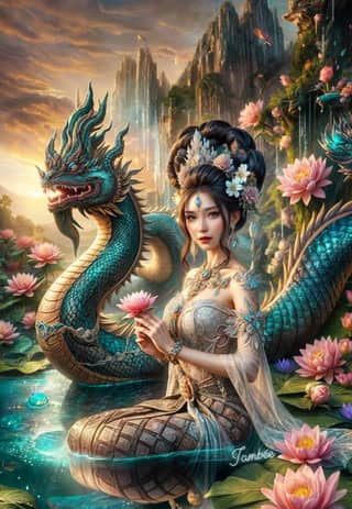 Femme avec un dragon dans l'eau.