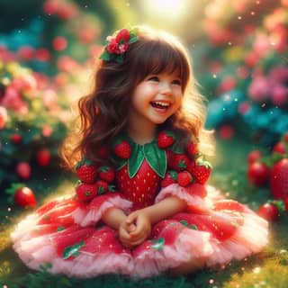 a little girl in a strawberry dress is smiling