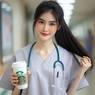 in scrubs holding a starbucks cup